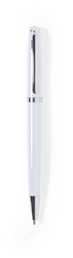 A silver metal pen with a sleek design, featuring a shiny clip and tip. The pen has a branding logo.