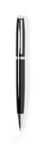 A metal pen in sleek black with a silver accent and a polished finish, featuring a logo.