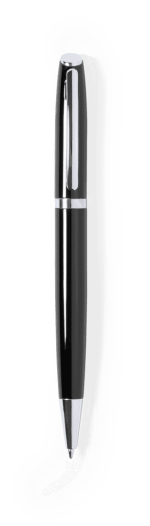 A metal pen in black with a silver clip and accents, featuring a logo on the barrel.