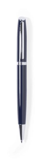 A metal pen in navy blue with a shiny silver clip and accents, featuring a logo on the barrel.