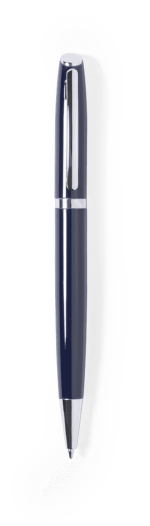 A metal pen in navy blue with a sleek design and a silver accent, featuring a logo on the barrel.