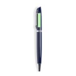 A blue metal pen with a sleek design and a silver clip. It features a blank area for branding.