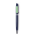 A metal pen in navy blue with a green accent and a silver clip. Features a branding logo.