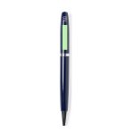 A metal pen in navy blue with a green accent and a logo on the barrel.