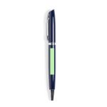 A metal pen in navy blue with a silver trim and a blank area for branding.