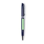 A metal pen in navy blue with a silver accent and a green section. It features a logo on the surface.