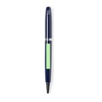 A metal pen in navy blue with a silver band and a green highlight, featuring a logo.