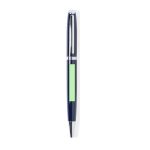 A metal pen in navy blue with a shiny silver clip. The pen features a blank area for branding.