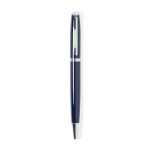 A metal pen in navy blue with a silver trim and a green accent, featuring a logo on the side.