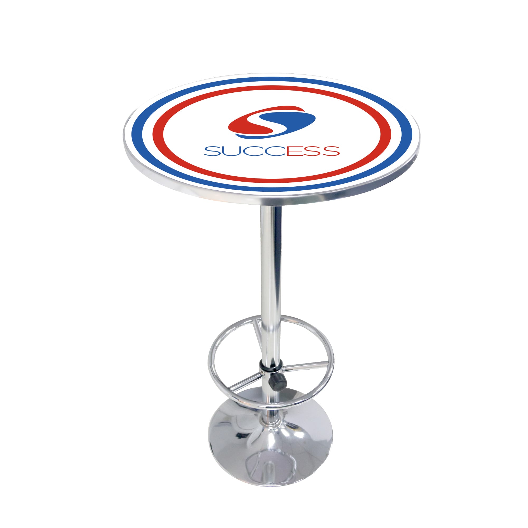 A round bar table with a chrome base, featuring a circular top in red, white, and blue with a logo. Bar Table - Image 1