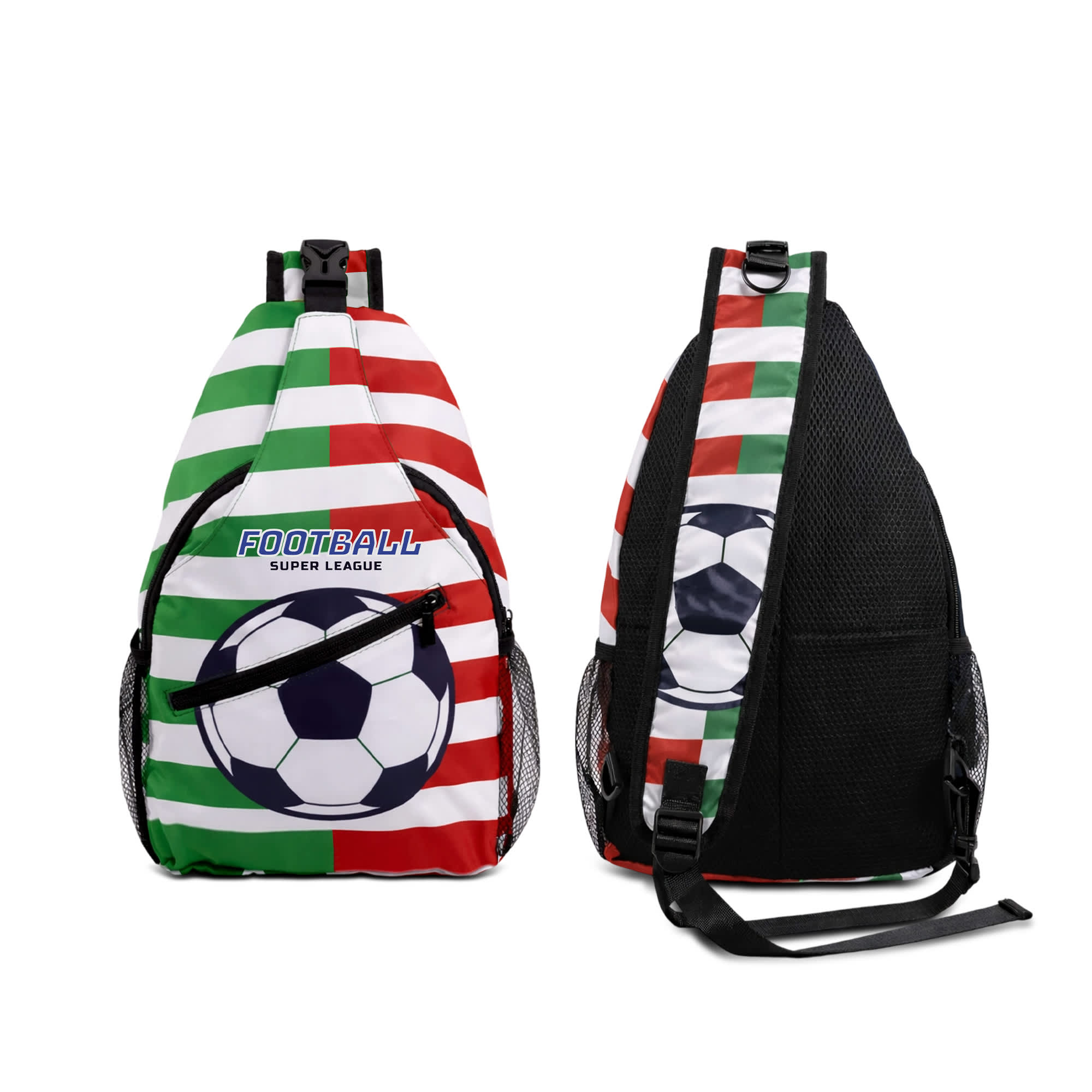 A crossbody bag featuring red, green, and white stripes, and a soccer ball graphic. It has a mesh side pocket and a logo. Full Colour Crossbody Bag - Image 1