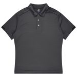 A dark grey polo shirt with a collar and short sleeves, featuring a logo on the chest area.