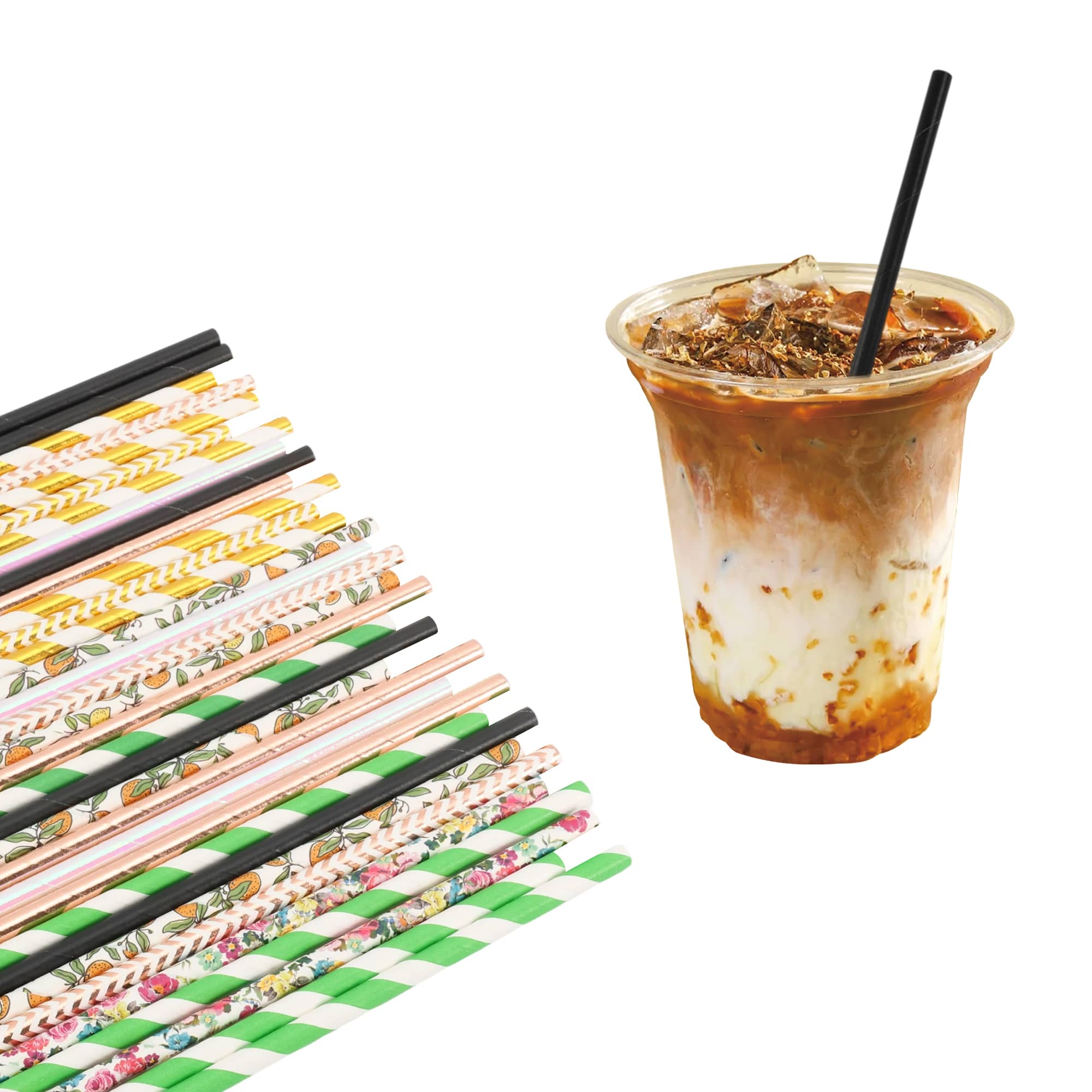 A collection of colourful 3-ply paper straws in various patterns alongside a drink with ice and cream. Custom Disposable 3-ply Straight Drinking Paper Straw - Image 1