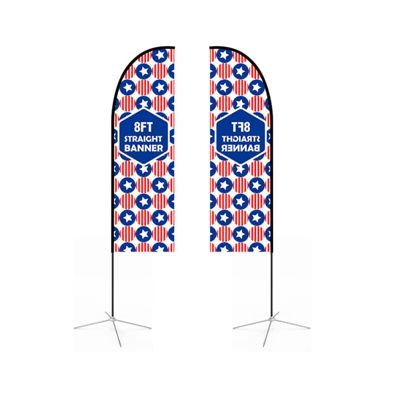 Two straight feather banners, featuring a red, white, and blue pattern with a logo, stand on black bases. Small(65.3*200cm) Straight Feather Banners 9ft - Image 1
