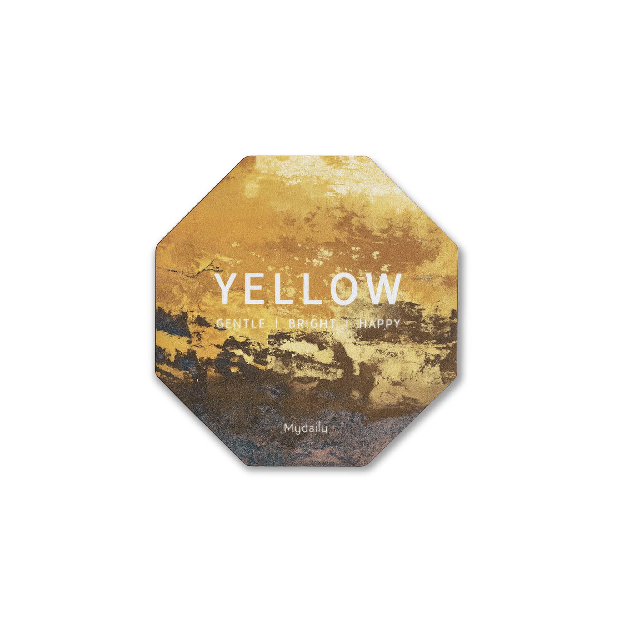 An octagonal frosted metal coaster in yellow with textured patterns and a logo. Octagonal Frosted Metal Coaster - Image 1