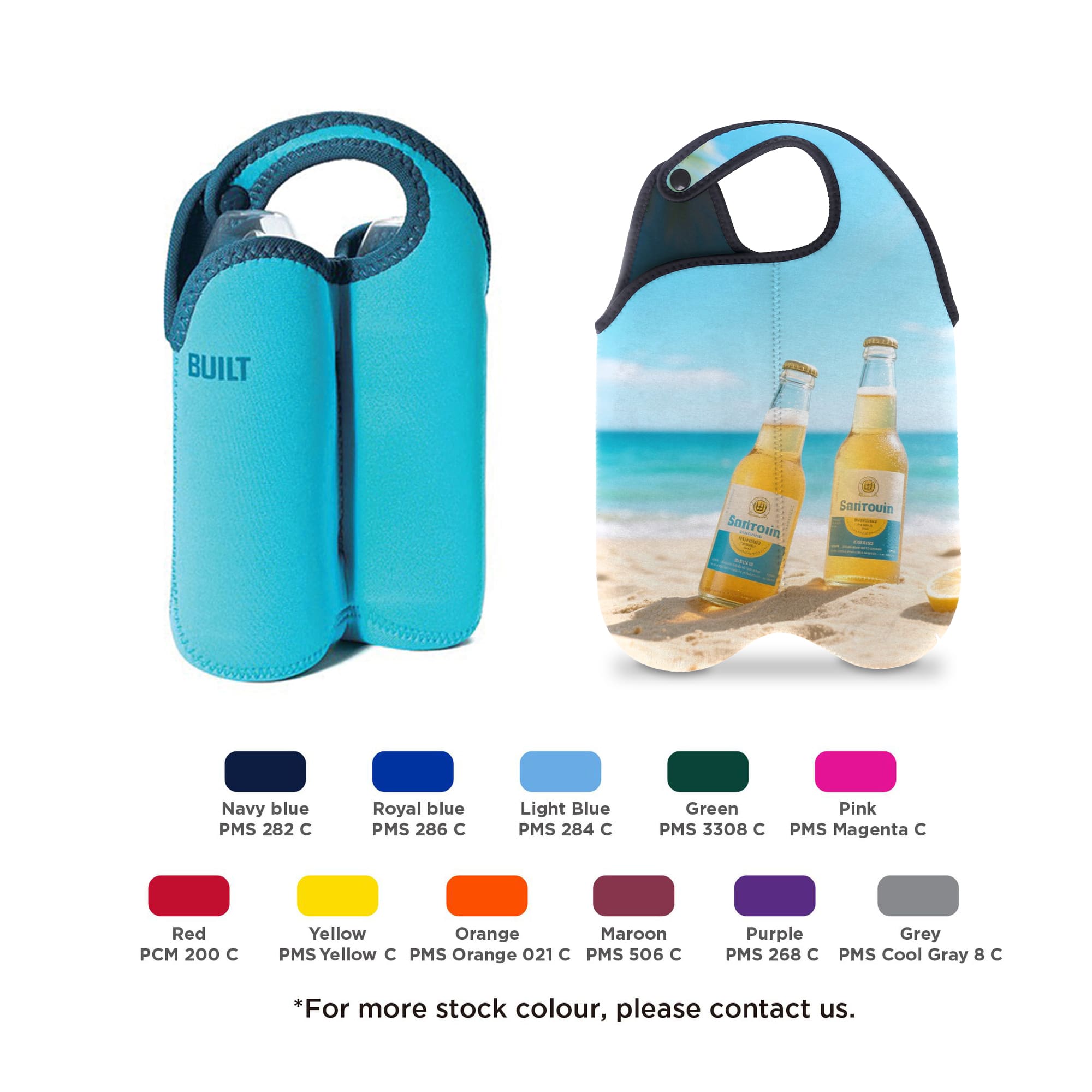 A drink bottle cooler featuring a blue neoprene design with a snap handle, accommodating two bottles side by side. Twin Bottle Cooler with Snap Handle - Image 1