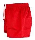 Red rugby men's shorts with an elastic waistband and drawstring, featuring a logo. Ideal for sports activities.