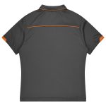 A grey polo shirt with orange accents and a logo on the back, part of a sports uniform collection.