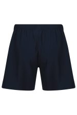 Men's sports shorts in navy blue with an elastic waistband and a logo on the side.