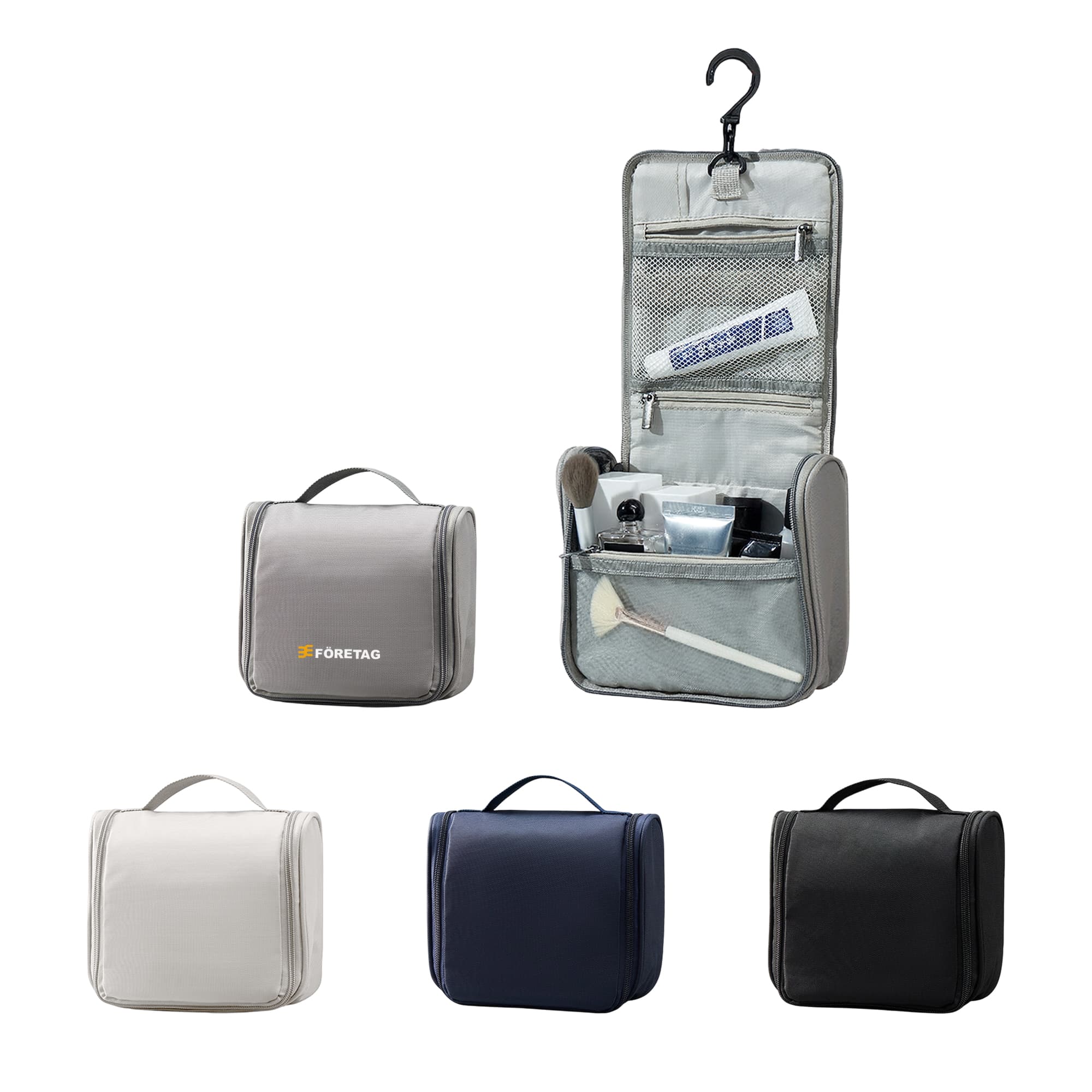 A hanging travel toiletry bag in grey, black, and navy, featuring compartments and a hook for easy access. Hanging Travel Toiletry Bag - Image 1