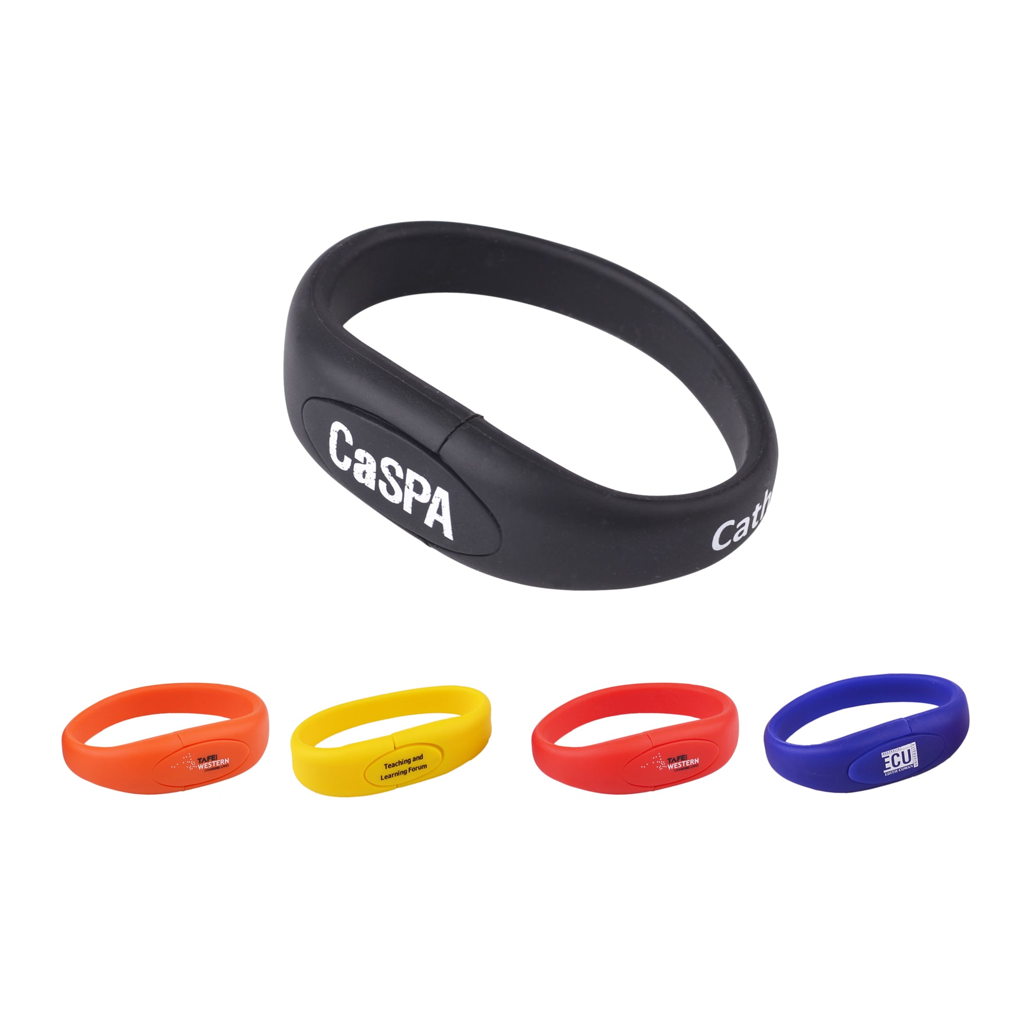 An oval silicone wristband flash drive in black, with orange, yellow, and blue wristband options, featuring logos. Oval Silicone Wristband Flash Drive - Image 1
