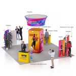 A circular hanging banner in vibrant colours, showcasing product promotions. Displays various clothing items and stands.