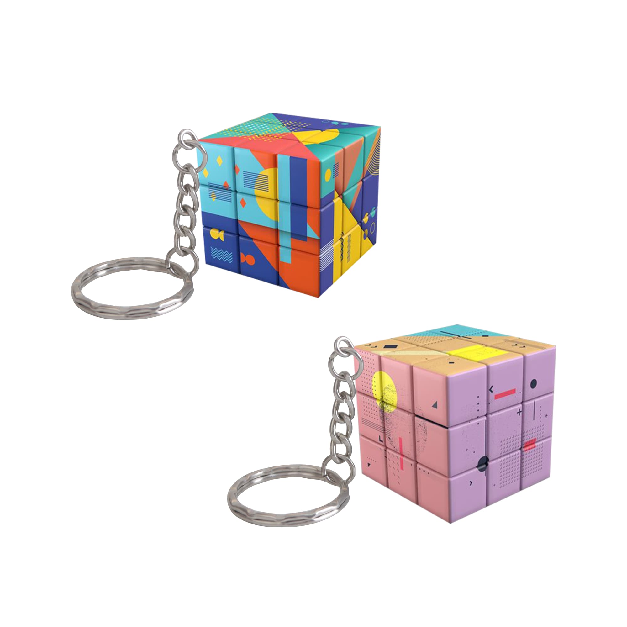 A set of colourful 3x3 puzzle cubes attached to keyrings, featuring vibrant geometric designs in blue, pink, and yellow. Puzzle Cubes 3x3 Keyrings - Image 1