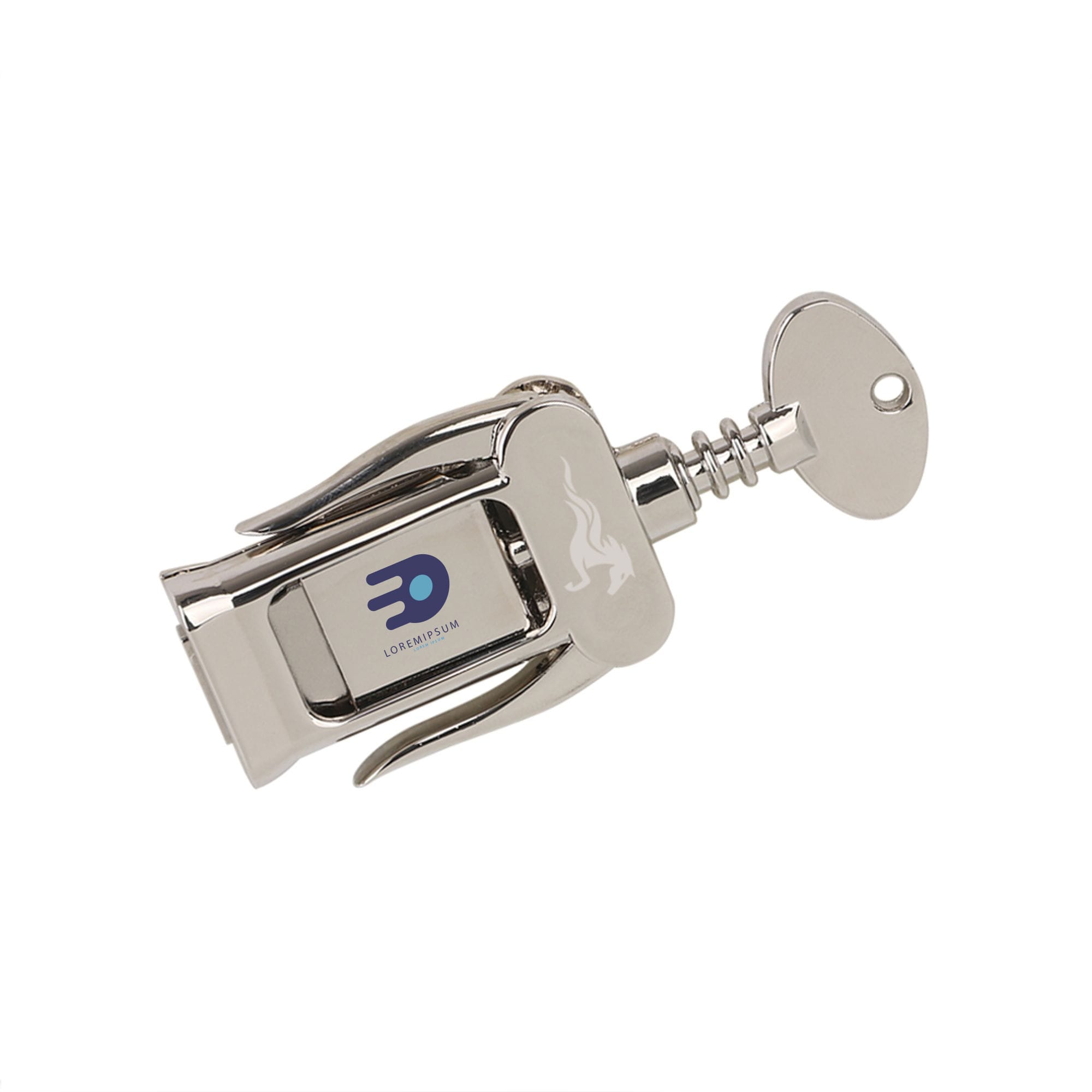 A corkscrew-shaped flash drive in silver, featuring a logo on the side. Smooth metallic finish enhances its design. Corkscrew Sharped Flash Drive - Image 1