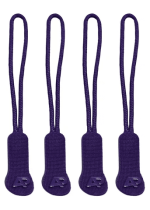 Four purple zip puller accessories with a looped design and a logo.