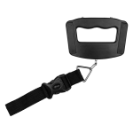 A black luggage scale with a handle and a strap attached, featuring a metal clip for securing bags.
