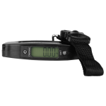A black digital luggage scale with a strap and an LCD display showing weight measurement.