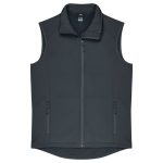 A dark grey men's vest featuring a high collar, zip front, and two side pockets. It has a logo on the chest.