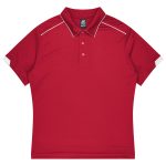 A red polo shirt featuring a collar and short sleeves, with contrasting white accents and a logo.