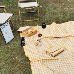 A yellow gingham picnic blanket spread on grass, surrounded by picnic items, a chair, and a framed artwork.