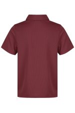 A maroon kids' polo shirt featuring a collar and short sleeves, with a small logo on the back.