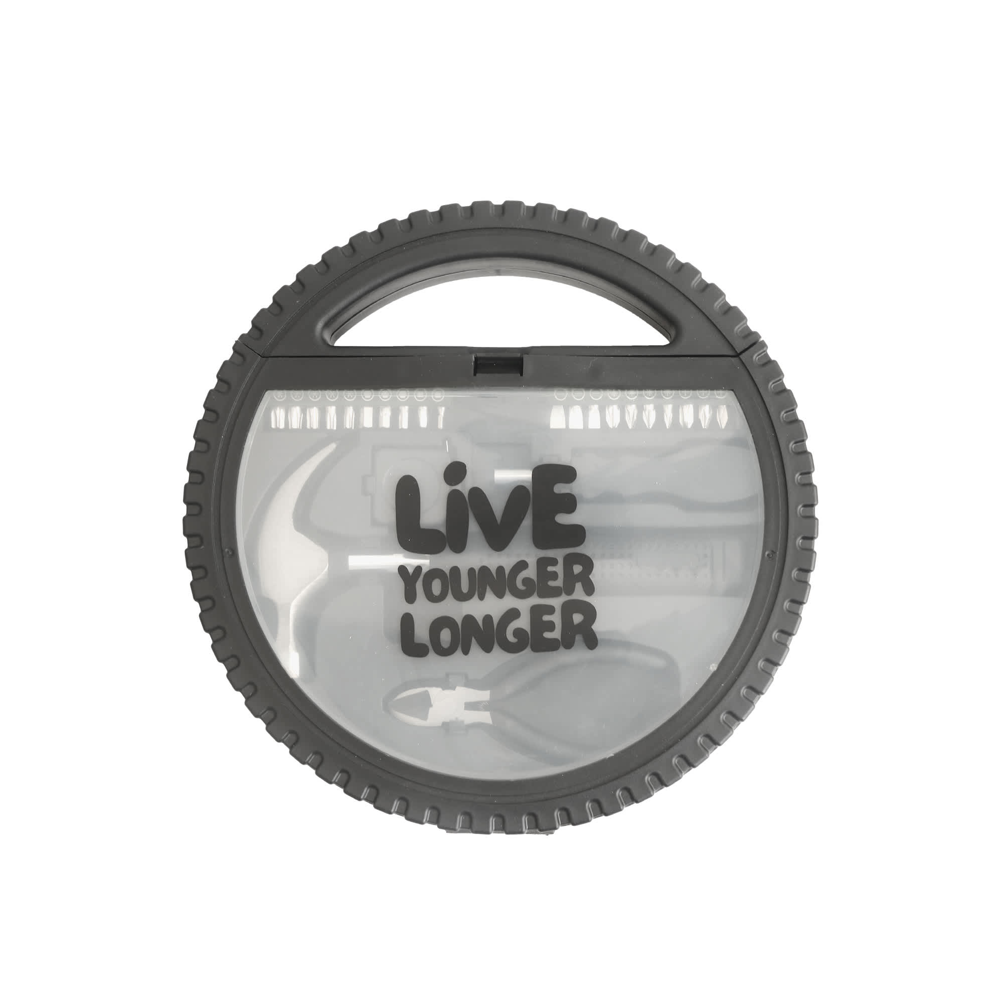 A circular car wheel tool kit in grey, featuring various tools and a carry handle, including a logo on the front. Car wheel tool kit - Image 1