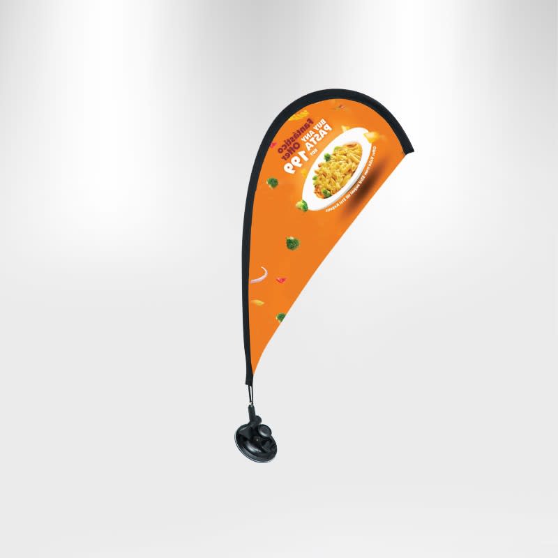 A teardrop flag with an orange background and a black suction cup base, featuring a logo and food imagery. Teardrop Suction Cup Flag - Image 1