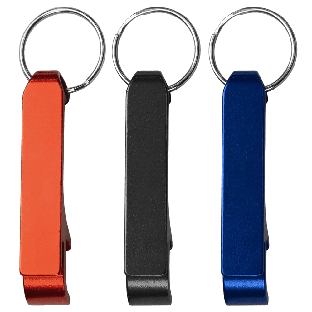 A drink bottle opener featuring three colours: red, black, and blue, each with a keyring attachment. Aluminium Bottle / Can Opener - Image 1