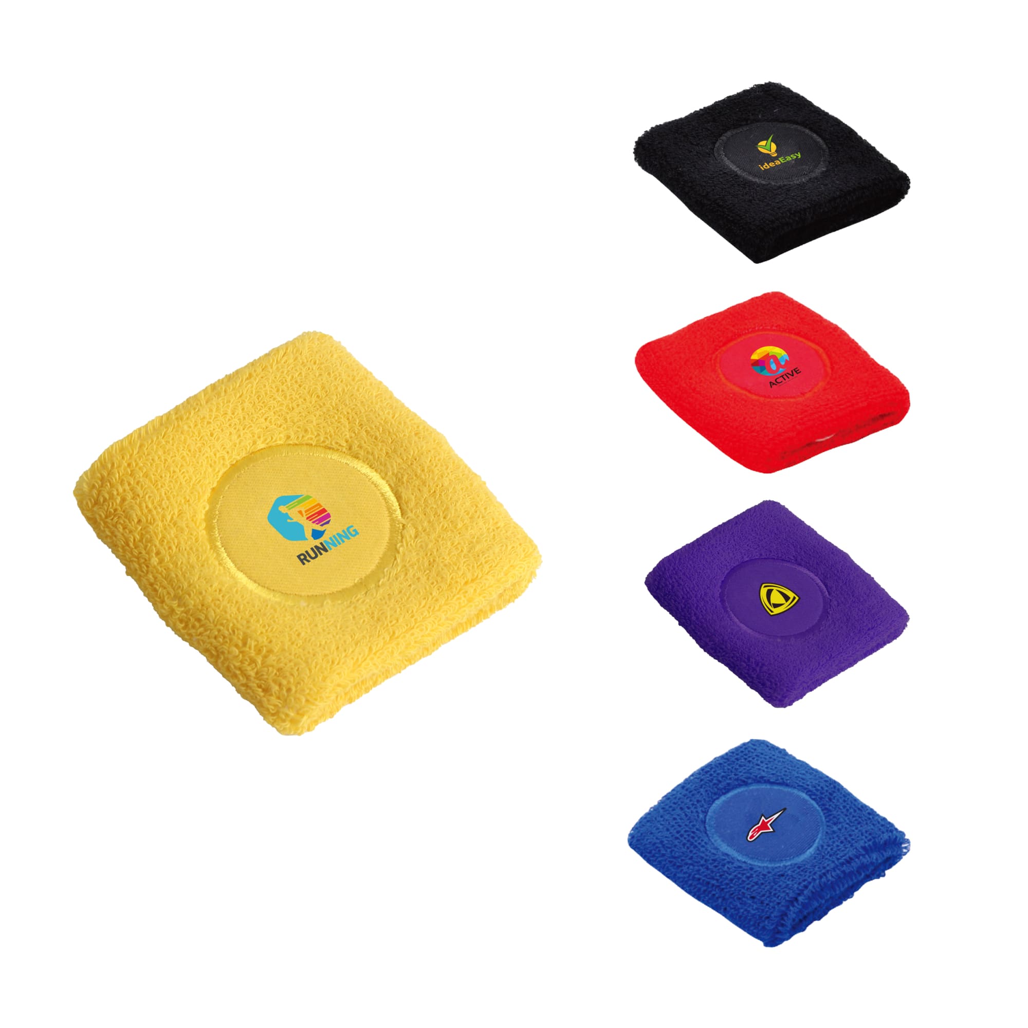A set of Terry Sport Wristbands in yellow, black, red, purple, and blue, each featuring a logo. Terry Sport Wristband - Image 1