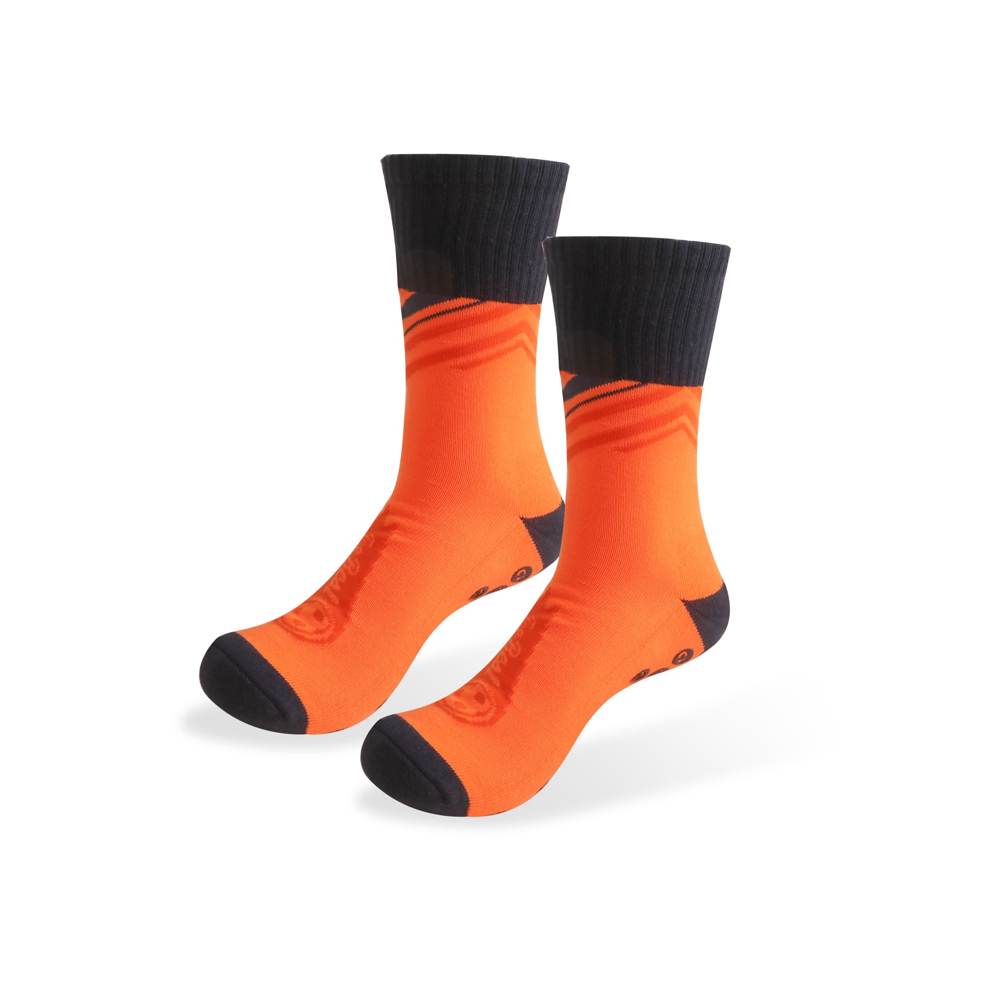 A pair of bright orange football socks with a black cuff and toe area, featuring a logo. Crew Gripper Football Socks - With Towel Bottom - Image 1