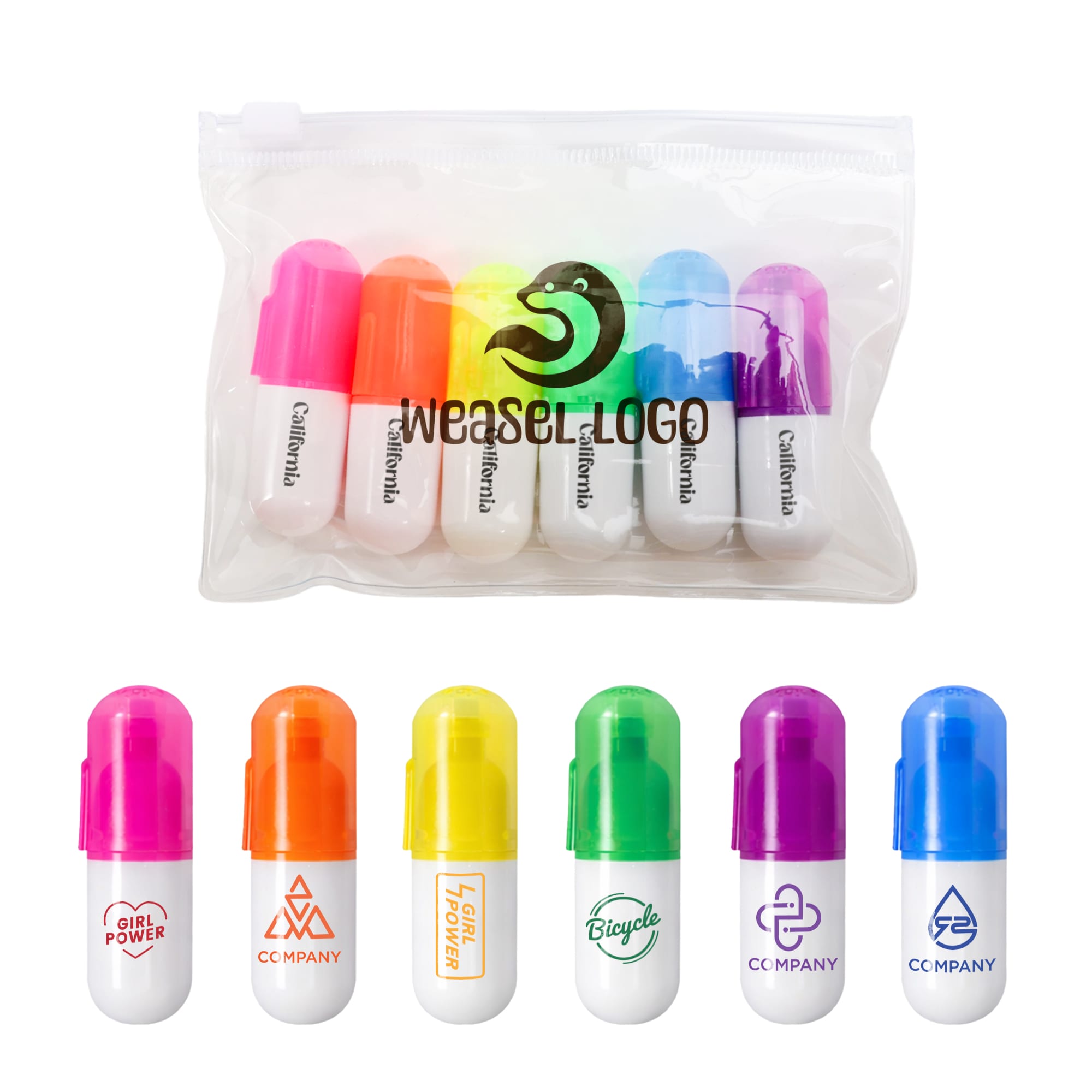 A clear pouch containing eight capsule highlighters in pink, purple, orange, and yellow, each with a white base and logo. Capsule Highlighter Sets - Image 1