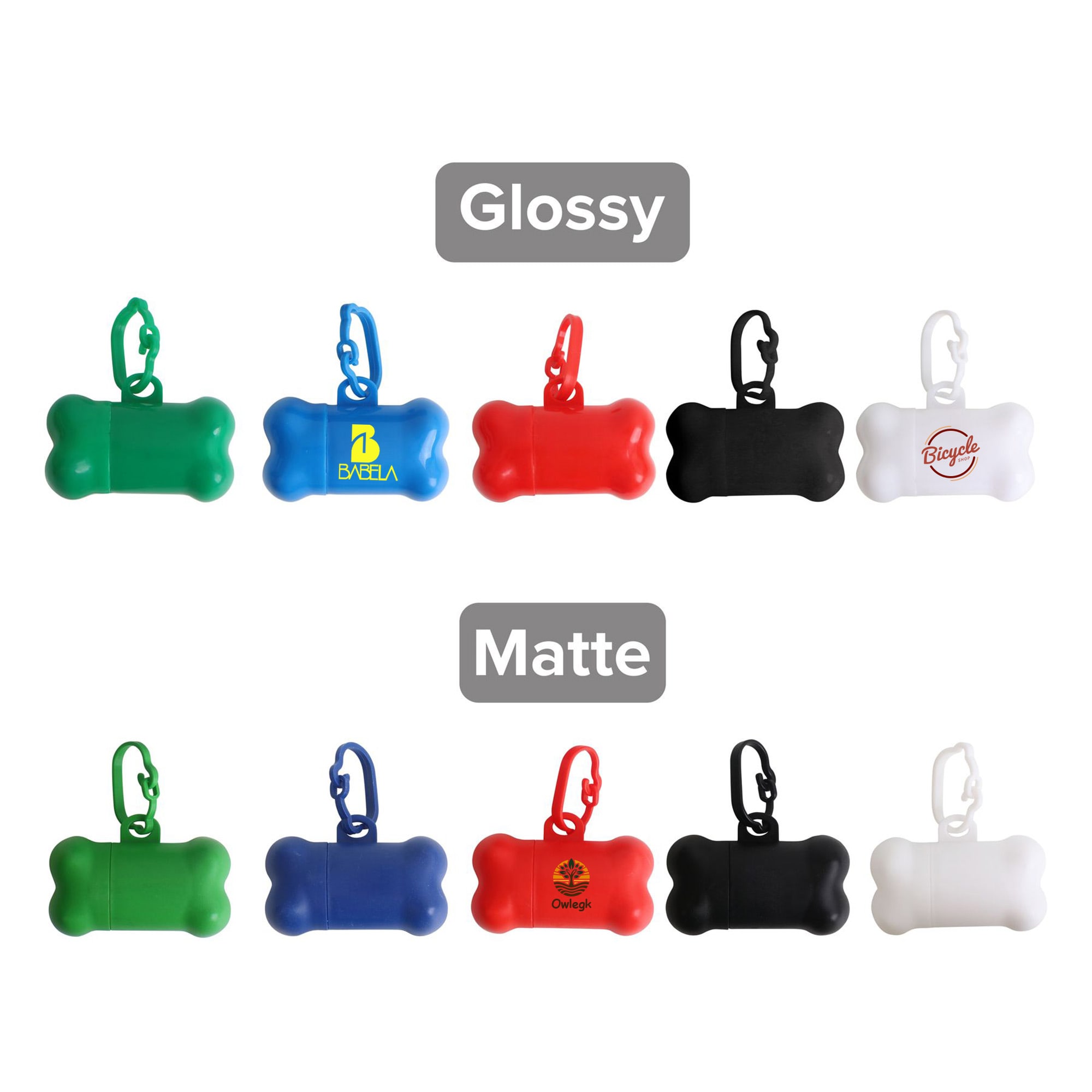 A range of bone-shaped pet waste bag dispensers in glossy and matte finishes, available in various colours. Bone Shape Pet Wastebag Dispenser - Image 1