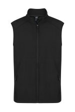 A black sleeveless vest with a high collar and zippered pockets, featuring a branding logo.