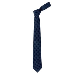 A navy blue cravat tie featuring a polka dot pattern, tied in a simple knot. It has a branding logo.