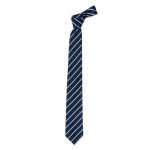 A navy blue cravat tie with white stripes, featuring a knotted design. It has a branding logo.
