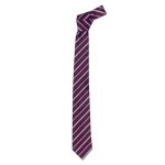 A maroon cravat tie with white and light blue diagonal stripes, featuring a pointed end and knotted at the top.