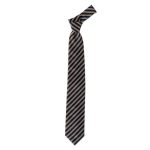 A striped cravat tie in navy blue and gold, featuring a classic design and a logo.