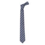 A cravat tie in navy blue with diagonal white stripes, featuring a simple knot at the top.