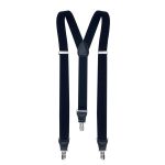 A pair of navy blue braces with silver clips and a leather-like centre connector.