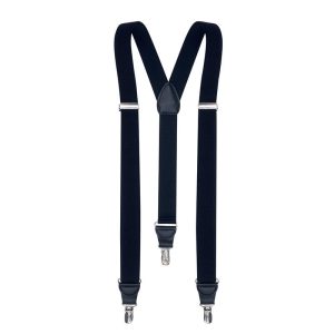 A pair of navy blue braces with silver clips and a leather-like centre connector.
